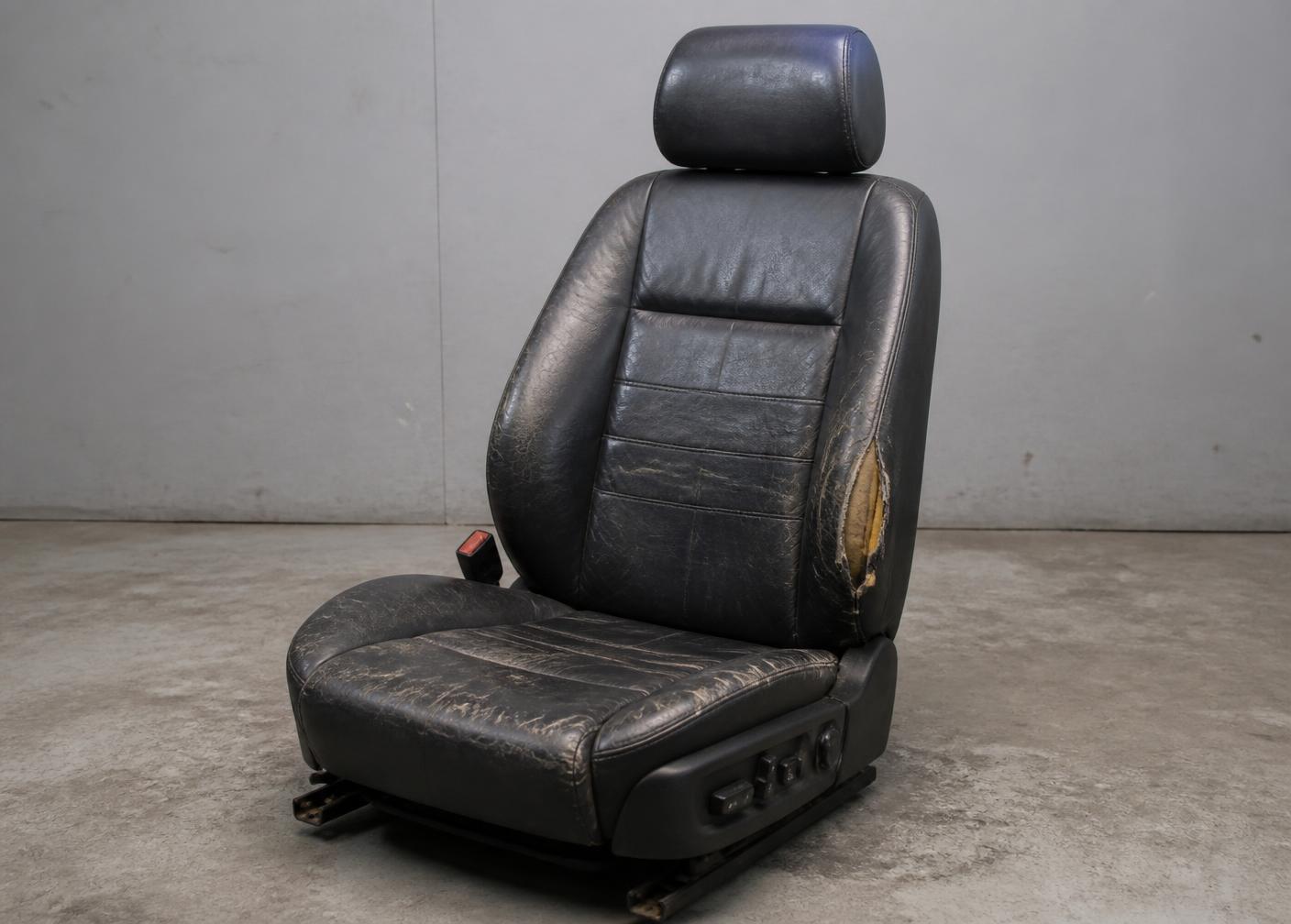 Asiento de coche antes del tapizado, con piel agrietada y desgastada