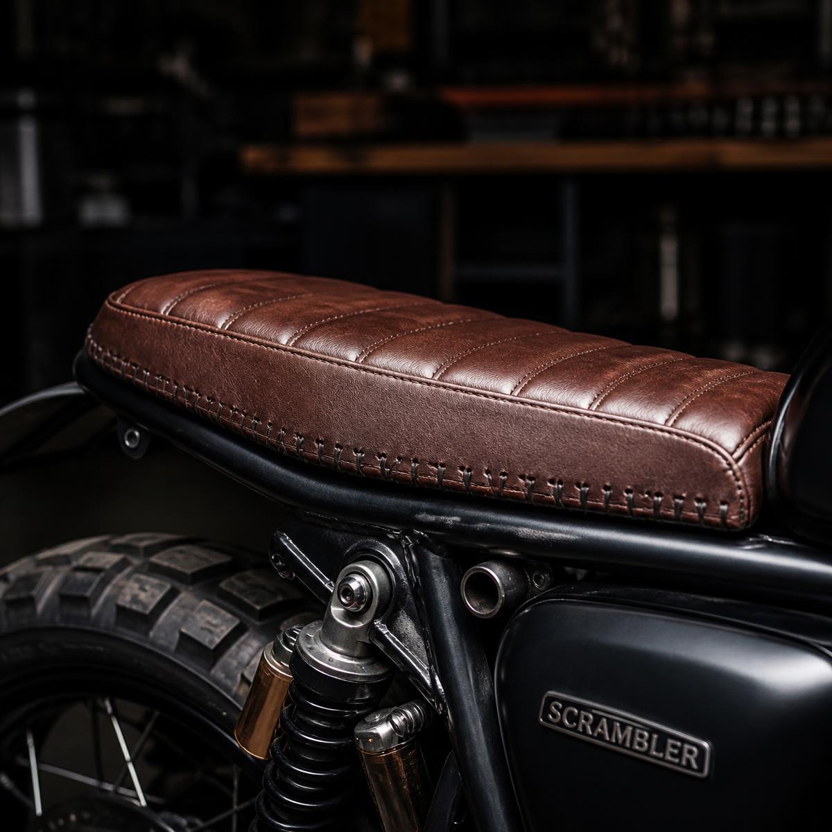 Asiento de moto tapizado en piel marrón con costura artesanal