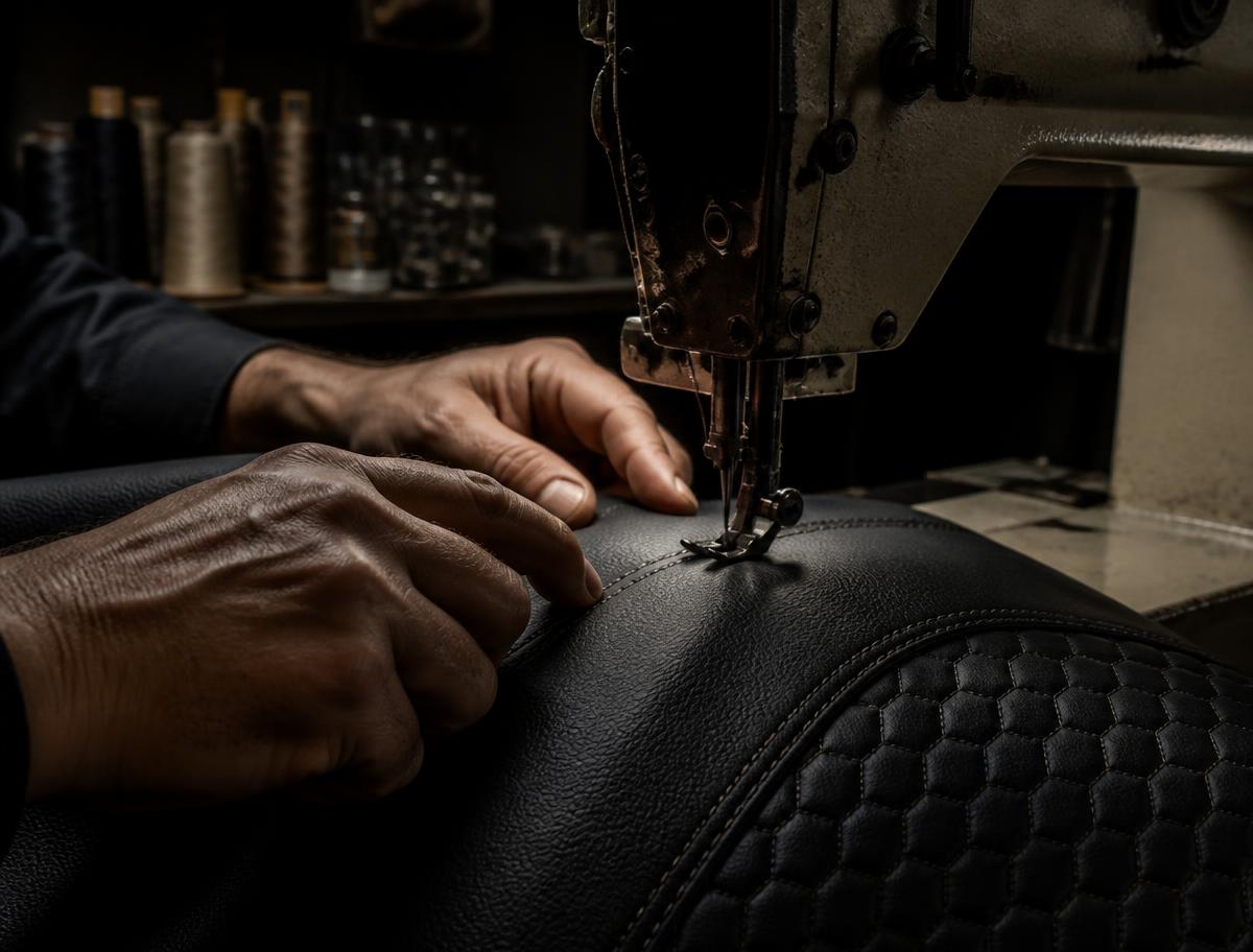 Trabajo de costura de tapicería de automoción sobre piel negra en el taller